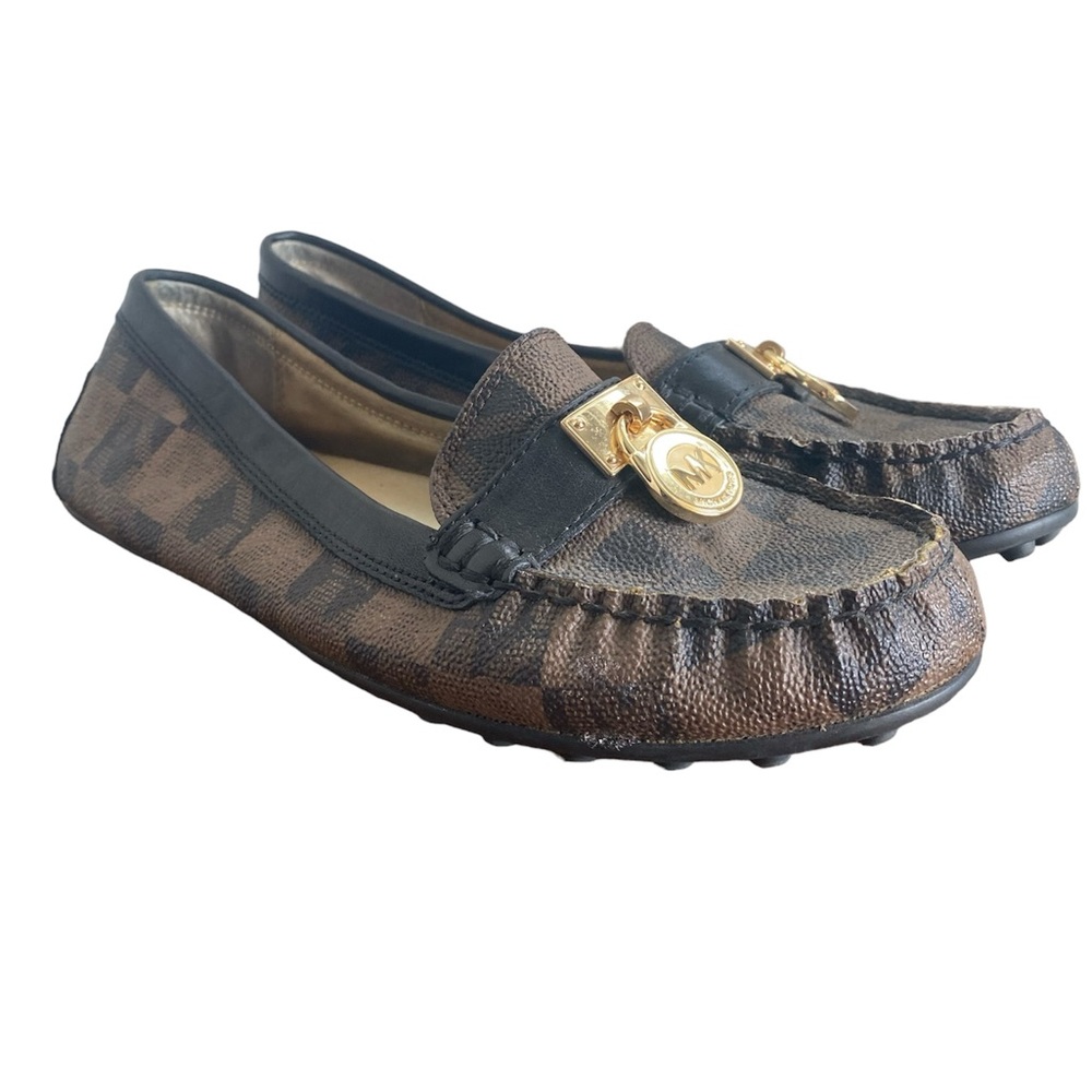 Michael Michael Kors Signature Brown & Black Slip On Loafers Gold Lock, 7.5M